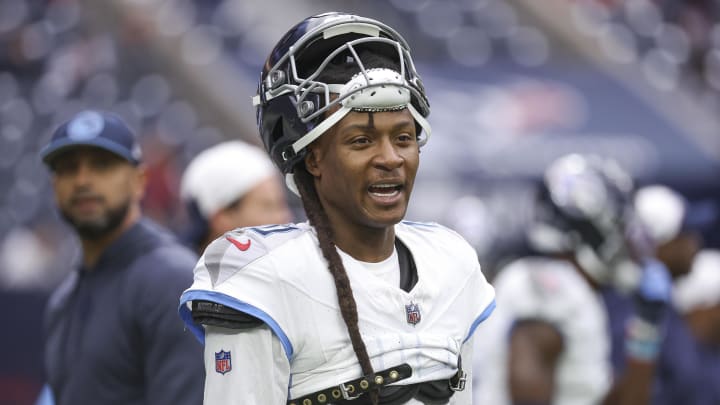 Dec 31, 2023; Houston, Texas, USA; Tennessee Titans wide receiver DeAndre Hopkins (10) before the game against the Houston Texans at NRG Stadium. Mandatory Credit: Troy Taormina-USA TODAY Sports