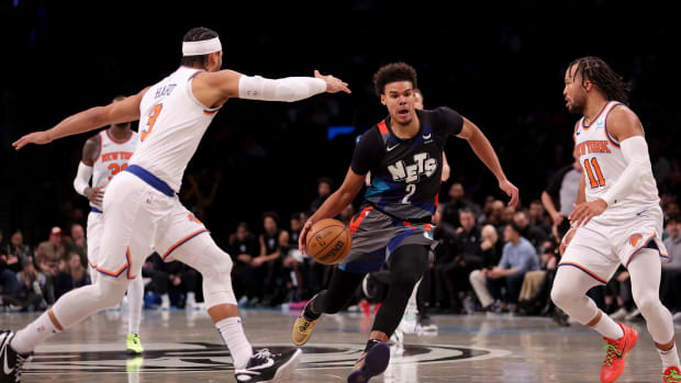 Dec 20, 2023; Brooklyn, New York, USA; Brooklyn Nets forward Cameron Johnson (2) drives