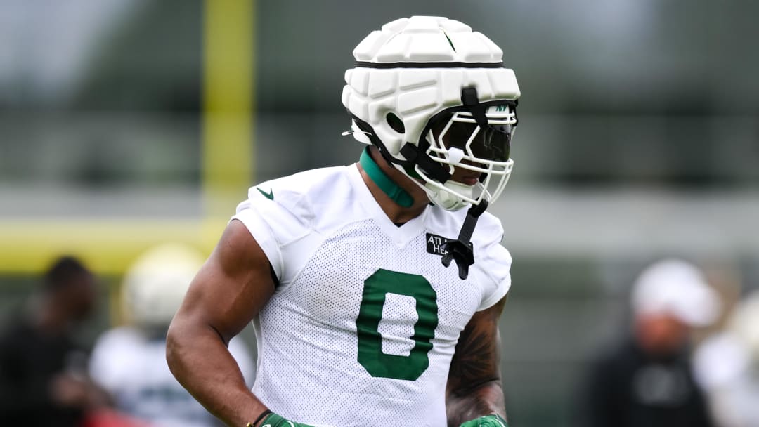 Jul 25, 2024; Florham Park, NJ, USA; New York Jets running back Braelon Allen (0) participates in a drill during training camp at Atlantic Health Jets Training Center.