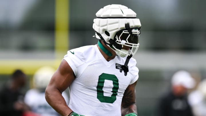 Jul 25, 2024; Florham Park, NJ, USA; New York Jets running back Braelon Allen (0) participates in a drill during training camp at Atlantic Health Jets Training Center.