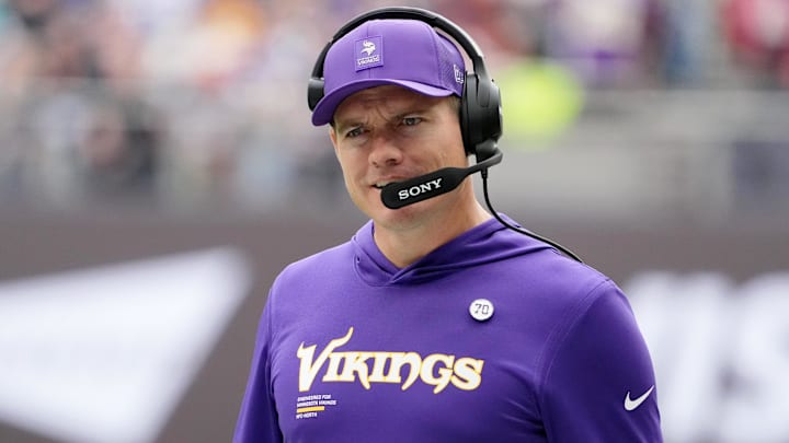 Oct 5, 2025; Tottenham, United Kingdom; Minnesota Vikings head coach Kevin O'Connell reacts after a play against the Cleveland Browns during the second quarter of an NFL International Series game at Tottenham Hotspur Stadium. Mandatory Credit: Kirby Lee-Imagn Images