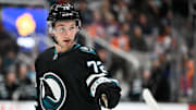 Apr 3, 2025; San Jose, California, USA; San Jose Sharks left wing William Eklund (72) stands on the ice against the Edmonton Oilers in the second period at SAP Center at San Jose. Mandatory Credit: Eakin Howard-Imagn Images