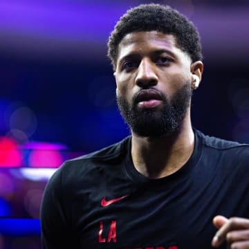 Mar 27, 2024; Philadelphia, Pennsylvania, USA; LA Clippers forward Paul George before action against the Philadelphia 76ers at Wells Fargo Center. Mandatory Credit: Bill Streicher-USA TODAY Sports