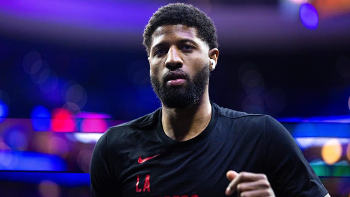 Mar 27, 2024; Philadelphia, Pennsylvania, USA; LA Clippers forward Paul George before action against the Philadelphia 76ers at Wells Fargo Center. Mandatory Credit: Bill Streicher-USA TODAY Sports