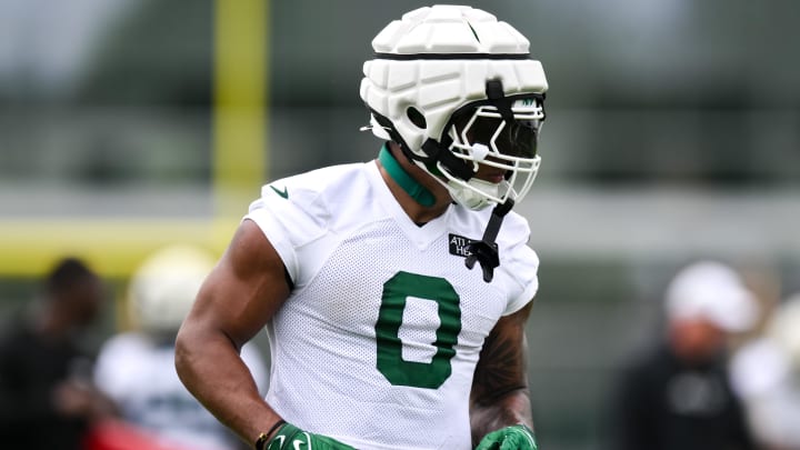 Jul 25, 2024; Florham Park, NJ, USA; New York Jets running back Braelon Allen (0) participates in a drill during training camp at Atlantic Health Jets Training Center. 