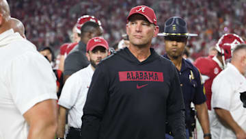 Oct 18, 2025; Tuscaloosa, Alabama, USA; Alabama Crimson Tide head coach Kalen DeBoer looks on after the game against the Tennessee Volunteers at Saban Field at Bryant-Denny Stadium. Mandatory Credit: David Leong-Imagn Images