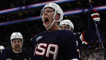 Team USA forward Brady Tkachuk (7) celebrates scoring against Team Canada. Mandatory Credit: Winslow Townson-Imagn Images