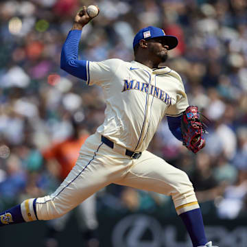 Seattle Mariners pitcher Gregory Santos throws during a game against the Houston Astros on July 21 at T-Mobile Park.