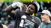 Feb 9, 2025; New Orleans, LA, USA; Philadelphia Eagles   safety C.J. Gardner-Johnson celebrates after defeating the Kansas City Chiefs in Super Bowl LIX at Ceasars Superdome. 