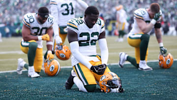 Jan 12, 2025; Philadelphia, Pennsylvania, USA; Green Bay Packers cornerback Robert Rochell (22) before action against the Philadelphia Eagles in an NFC wild card game at Lincoln Financial Field. Mandatory Credit: Bill Streicher-Imagn Images