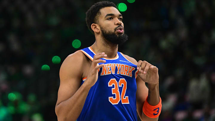 Oct 28, 2025; Milwaukee, Wisconsin, USA;  New York Knicks center Karl-Anthony Towns (32) gestures before game against the Milwaukee Bucks at Fiserv Forum. Mandatory Credit: Benny Sieu-Imagn Images