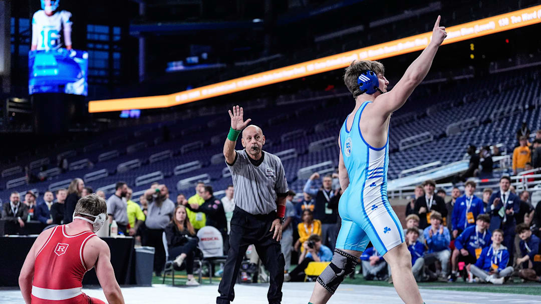 Lee Krueger of Novi Detroit Catholic Central, right, defeats
Thomas Jaynes of Romeo at Division 1 190-pound during MHSAA individual wrestling finals at Ford Field in Detroit on Saturday, March. 1, 2025. Lee Krueger of Novi Detroit Catholic Central, right, defeats
Thomas Jaynes of Romeo at Division 1 190-pound during MHSAA individual wrestling finals at Ford Field in Detroit on Saturday, March. 1, 2025.