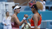 Mar 31, 2022; Miami Gardens, FL, USA; Naomi Osaka (JPN)(R) shakes hands with Belinda Bencic (SUI)(L) after their women's singles semifinal in the Miami Open at Hard Rock Stadium. 