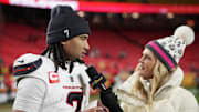 Dec 7, 2025; Kansas City, Missouri, USA; Houston Texans quarterback C.J. Stroud (7) is interviewed after the game against the Kansas City Chiefs at GEHA Field at Arrowhead Stadium. Mandatory Credit: Denny Medley-Imagn Images