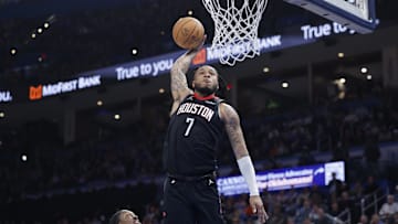 Mar 3, 2025; Oklahoma City, Oklahoma, USA; Houston Rockets forward Cam Whitmore (7) goes up for a dunk against the Oklahoma City Thunder during the second half at Paycom Center. Mandatory Credit: Alonzo Adams-Imagn Images