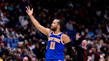 Dec 21, 2024; New Orleans, Louisiana, USA;  New York Knicks guard Jalen Brunson (11) reacts after making a three point basket against the New Orleans Pelicans during the second half at Smoothie King Center. Mandatory Credit: Stephen Lew-Imagn Images