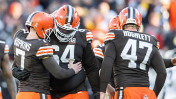 Nov 19, 2023; Cleveland, Ohio, USA; Cleveland Browns place kicker Dustin Hopkins (7) celebrates with offensive tackle Geron Christian (64) after kicking a field goal during the fourth quarter against the Pittsburgh Steelers at Cleveland Browns Stadium. Mandatory Credit: Ken Blaze-USA TODAY Sports
