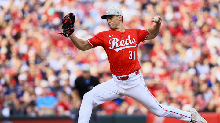 May 17, 2025; Cincinnati, Ohio, USA; Cincinnati Reds starting pitcher Brent Suter (31) pitches against the Cleveland Guardians in the first inning at Great American Ball Park. Mandatory Credit: Katie Stratman-Imagn Images