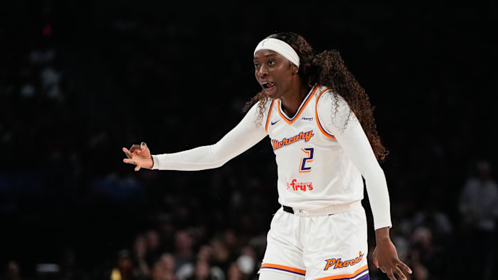 Oct 5, 2025; Las Vegas, Nevada, USA; Phoenix Mercury guard Kahleah Copper (2) reacts after scoring against the Las Vegas Aces during the first quarter of game two of the 2025 WNBA Finals at Michelob Ultra Arena. Mandatory Credit: Lucas Peltier-Imagn Images