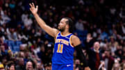 Dec 21, 2024; New Orleans, Louisiana, USA;  New York Knicks guard Jalen Brunson (11) reacts after making a three point basket against the New Orleans Pelicans during the second half at Smoothie King Center. Mandatory Credit: Stephen Lew-Imagn Images