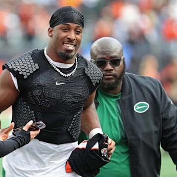 Breece Hall of the Jets celebrates his team's only win of the season. He could be a player on the trade market after Sunday.