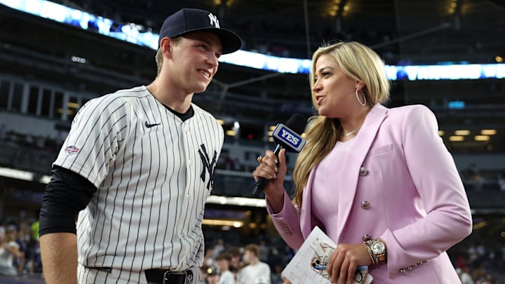 YES Clubhouse Reporter Meredith Marakovits interviews Ben Rice during a Baltimore Orioles vs. New York Yankees game