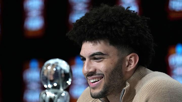 Apr 4, 2026; Indianapolis, IN, USA; Duke Blue Devils forward Cameron Boozer is awarded the Oscar Robertson Player of the Year Award presented by the US Basketball Writers Association and the Associated Press during the men's 2026 NCAA Tournament at Lucas Oil Stadium. Mandatory Credit: Bob Donnan-Imagn Images