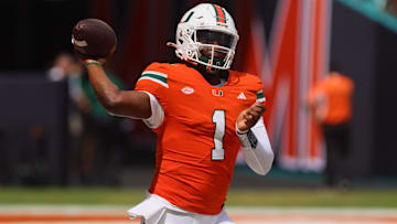 Sep 14, 2024; Miami Gardens, Florida, USA; Miami Hurricanes quarterback Cam Ward (1) throws the football before the game against the Ball State Cardinals at Hard Rock Stadium.