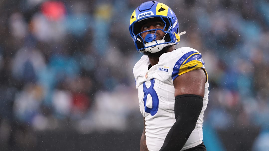 Nov 30, 2025; Charlotte, North Carolina, USA; Los Angeles Rams linebacker Jared Verse (8) looks on during the third quarter against the Carolina Panthers at Bank of America Stadium. Mandatory Credit: Scott Kinser-Imagn Images Nov 30, 2025; Charlotte, North Carolina, USA; Los Angeles Rams linebacker Jared Verse (8) looks on during the third quarter against the Carolina Panthers at Bank of America Stadium. Mandatory Credit: Scott Kinser-Imagn Images