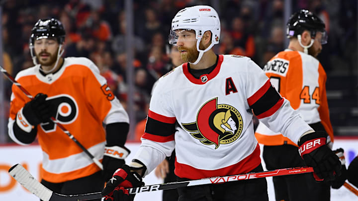 Nov 12, 2022; Philadelphia, Pennsylvania, USA; Ottawa Senators center Claude Giroux (28) looks on against the Philadelphia Flyers in the first period at Wells Fargo Center. Mandatory Credit: Kyle Ross-Imagn Images