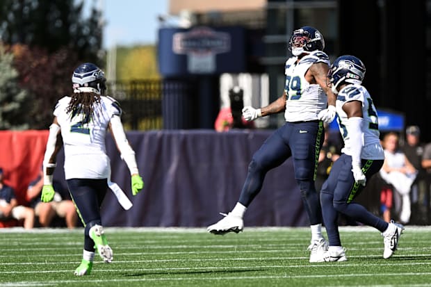 Seattle Seahawks defensive end Leonard Williams (99) reacts after a sack.