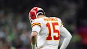 Feb 9, 2025; New Orleans, LA, USA;  Kansas City Chiefs quarterback Patrick Mahomes (15) reacts against the Philadelphia Eagles in Super Bowl LIX at Ceasars Superdome. Mandatory Credit: Mark J. Rebilas-Imagn Images