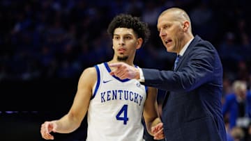 Nov 26, 2024; Lexington, Kentucky, USA; Kentucky Wildcats head coach Mark Pope talks to guard Koby Brea (4) during the second half against the Western Kentucky Hilltoppers at Rupp Arena at Central Bank Center. Mandatory Credit: Jordan Prather-Imagn Images
