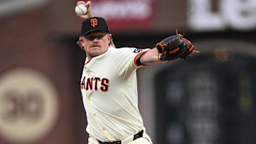 Apr 23, 2025; San Francisco, California, USA; San Francisco Giants starting pitcher Logan Webb (62) throws against the Milwaukee Brewers in the first inning at Oracle Park. 