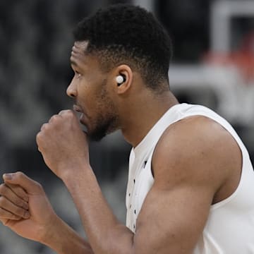 Apr 25, 2025; Milwaukee, Wisconsin, USA; Milwaukee Bucks forward Giannis Antetokounmpo (34) warms up before Game 3 of the first round of the 2025 NBA Playoffs at Fiserv Forum.