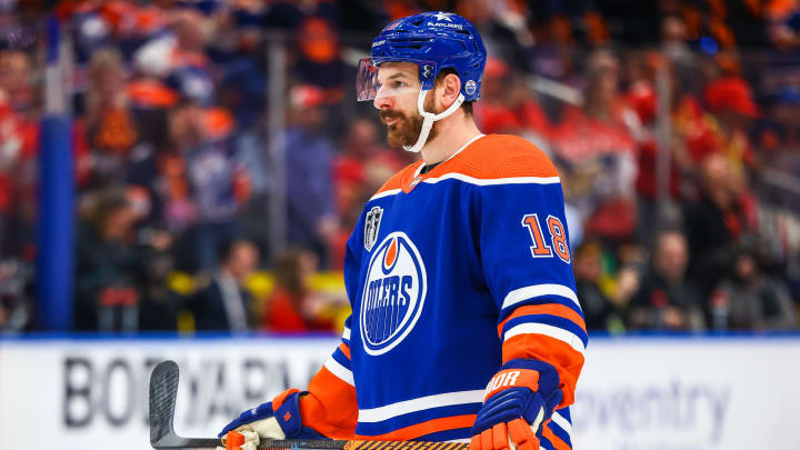 Jun 21, 2024; Edmonton, Alberta, CAN; Edmonton Oilers left wing Zach Hyman (18) during the warmup period against the Florida Panthers in game six of the 2024 Stanley Cup Final at Rogers Place. Mandatory Credit: Sergei Belski-USA TODAY Sports