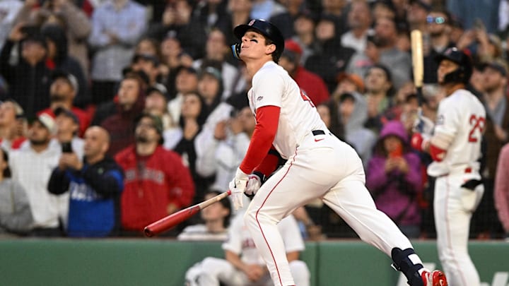 Boston Red Sox right fielder Roman Anthony (48) hits a fly out to left field during the second inning of a game against the Tampa Bay Rays at Fenway Park on June 9. 