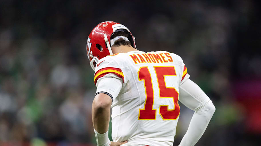 Feb 9, 2025; New Orleans, LA, USA;  Kansas City Chiefs quarterback Patrick Mahomes (15) reacts against the Philadelphia Eagles in Super Bowl LIX at Ceasars Superdome. Mandatory Credit: Mark J. Rebilas-Imagn Images | Mark J. Rebilas-Imagn Images