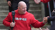 Louisville coach Jeff Brohm at the Card March at the Louisville versus Boston College game Saturday afternoon at L&N Stadium.