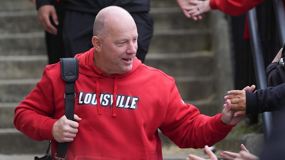 Louisville coach Jeff Brohm at the Card March at the Louisville versus Boston College game Saturday afternoon at L&N Stadium