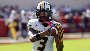 Oct 26, 2024; Tuscaloosa, Alabama, USA;  Missouri Tigers wide receiver Luther Burden III (3) warms up before a game against the Alabama Crimson Tide at Bryant-Denny Stadium. Mandatory Credit: Butch Dill-Imagn Images