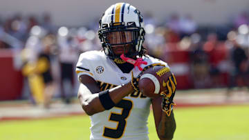 Oct 26, 2024; Tuscaloosa, Alabama, USA;  Missouri Tigers wide receiver Luther Burden III (3) warms up before a game against the Alabama Crimson Tide at Bryant-Denny Stadium. Mandatory Credit: Butch Dill-Imagn Images