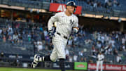New York Yankees right fielder Aaron Judge hits a solo home run during the sixth inning against the Toronto Blue Jays at Yankee Stadium. 