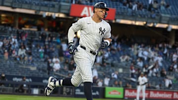 New York Yankees right fielder Aaron Judge hits a solo home run during the sixth inning against the Toronto Blue Jays at Yankee Stadium. 
