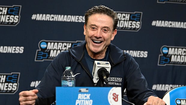 St. John's Red Storm coach Rick Pitino speaks to the media during a press conference Wednesday at Amica Mutual Pavilion. 