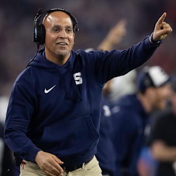 Penn State football oach James Franklin reacts against the Boise State Broncos in the Fiesta Bowl at State Farm Stadium. 