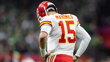 Feb 9, 2025; New Orleans, LA, USA;  Kansas City Chiefs quarterback Patrick Mahomes (15) reacts against the Philadelphia Eagles in Super Bowl LIX at Ceasars Superdome.