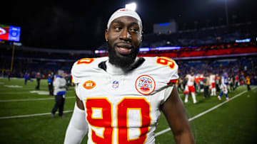 Jan 21, 2024; Orchard Park, New York, USA; Kansas City Chiefs defensive end Charles Omenihu (90) against the Buffalo Bills in the 2024 AFC divisional round game at Highmark Stadium. Mandatory Credit: Mark J. Rebilas-Imagn Images