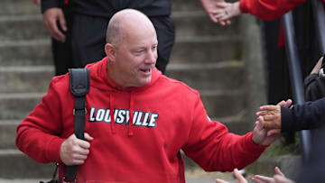 Louisville coach Jeff Brohm at the Card March at the Louisville versus Boston College game Saturday afternoon at L&N Stadium.