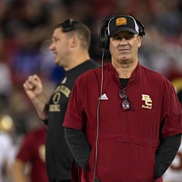 Nov 16, 2024; Dallas, Texas, USA; Boston College Eagles head coach Bill O'Brien looks on during the second half of the game against the SMU Mustangs at Gerald J. Ford Stadium. Mandatory Credit: Jerome Miron-Imagn Images